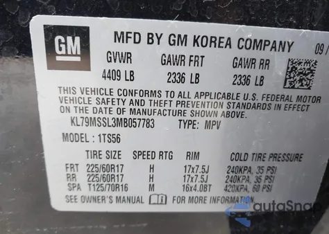 2021 Chevrolet Trailblazer Awd Activ из США, поврежденный, VIN KL79MSSL3MB057783